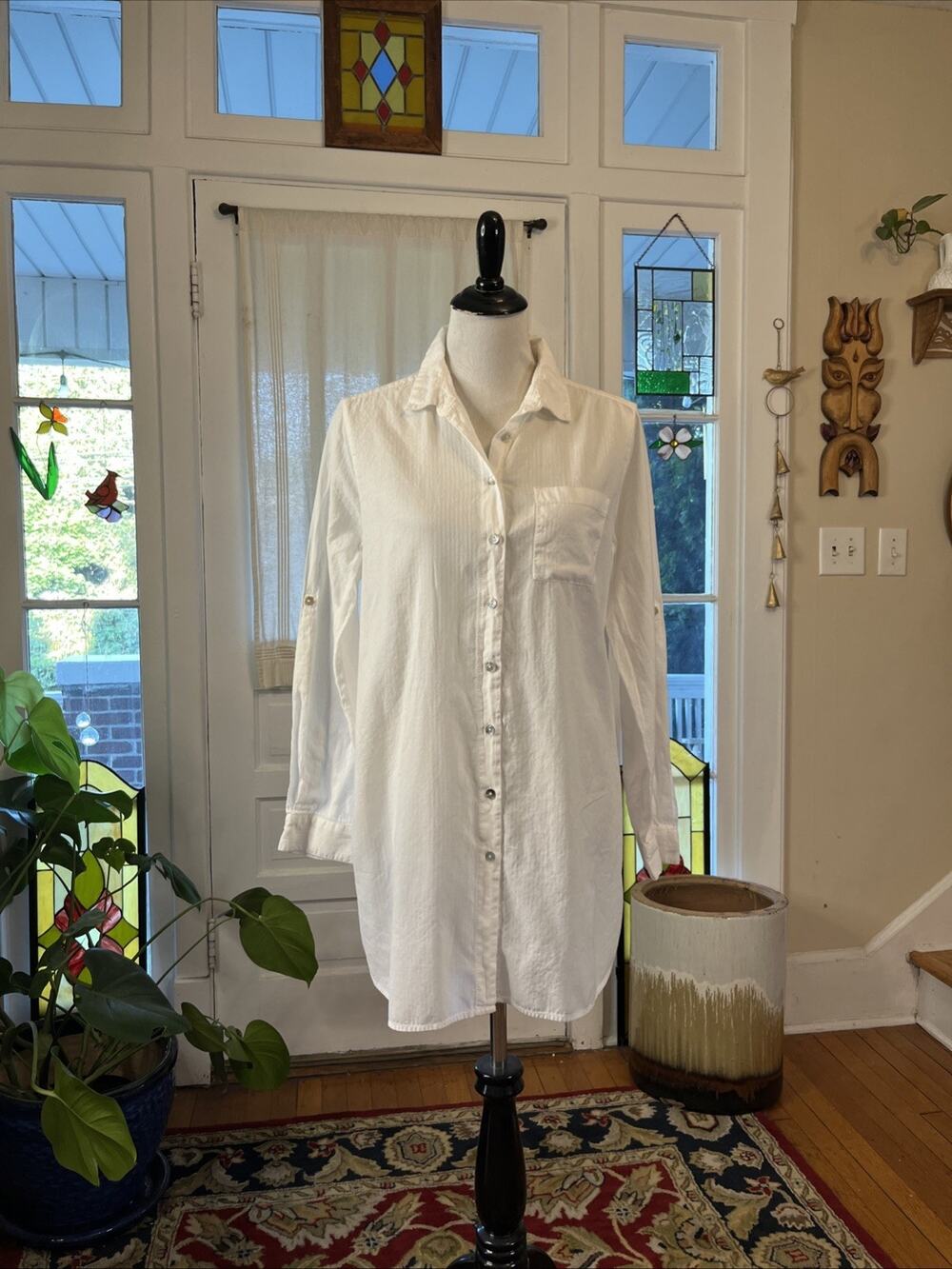 Beach Lunch Lounge L Tunic Long Sleeve White Stripe 100% Cotton Button Classic